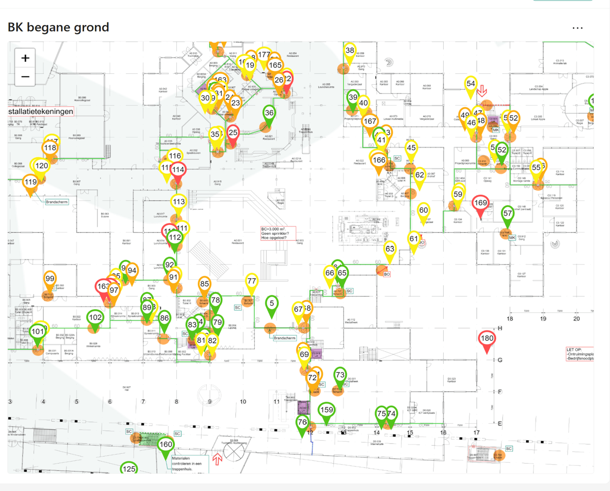 Pandveilig app – plattegrond begane grond met kleurgecodeerde inspectiepunten per prioriteit