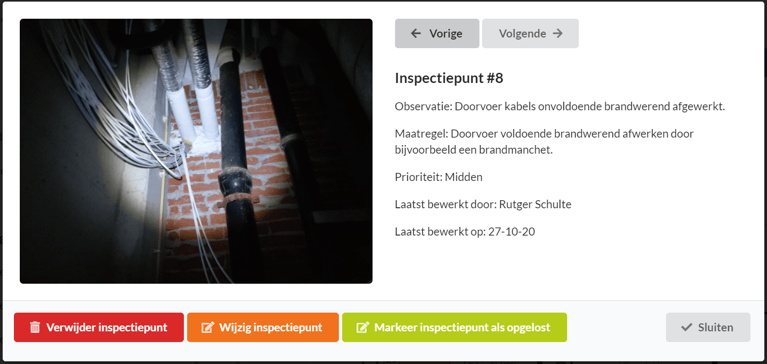 Pandveilig app – inspectiepunt #8 met foto kabeldoorvoer, observatie en knop markeren als opgelost